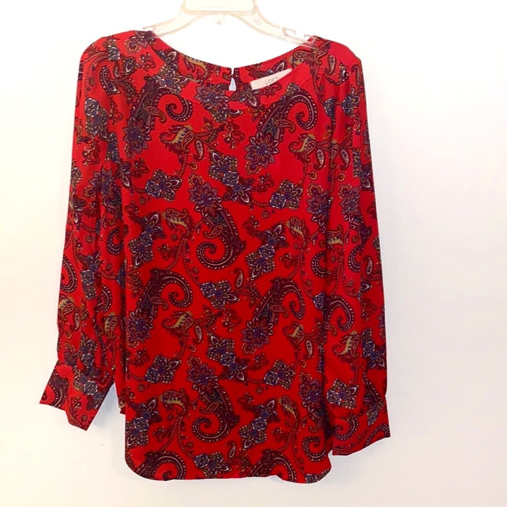 Loft Paisley Boatneck Puff Shoulder Blouse, Red, SZ L